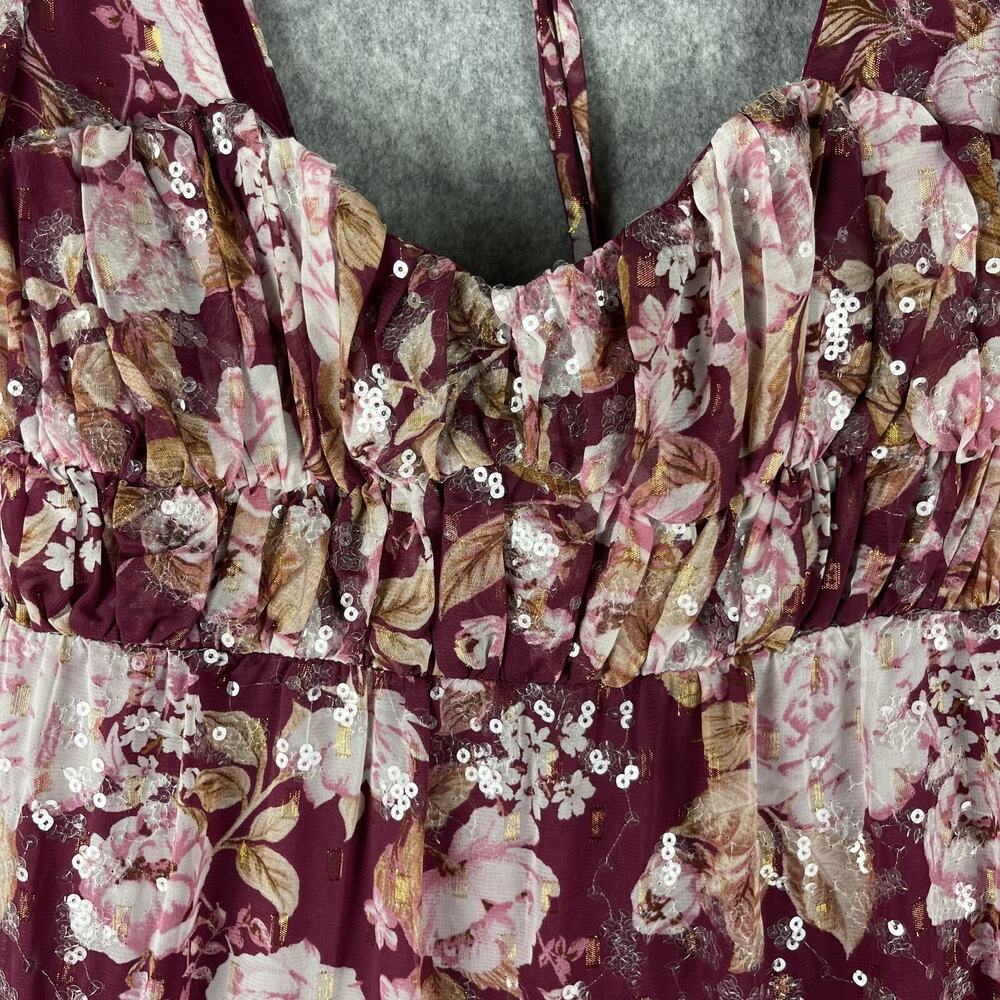 Altar'd State Sailor Tiered Maxi Dress Womens Medium Burgundy Floral Sequins - Picture 6 of 16